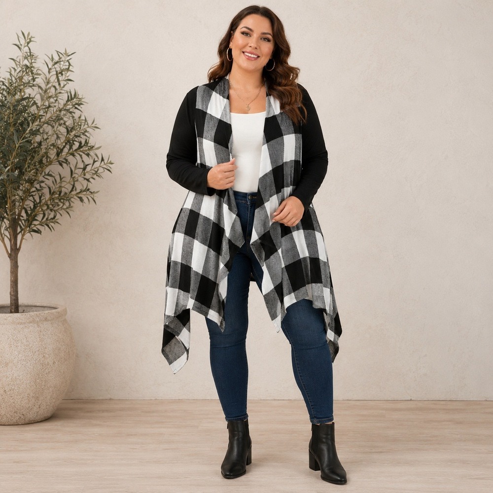 Torrid Black White Buffalo Plaid Drape Front Cardigan‎ 1X 14-16 NWT Snag